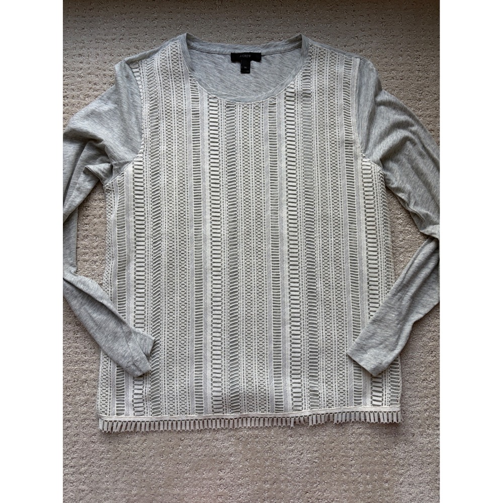 J.Crew Crochet Lace Front Top M Grey Long Sleeve Mixed Media Boho Casual Luxury
